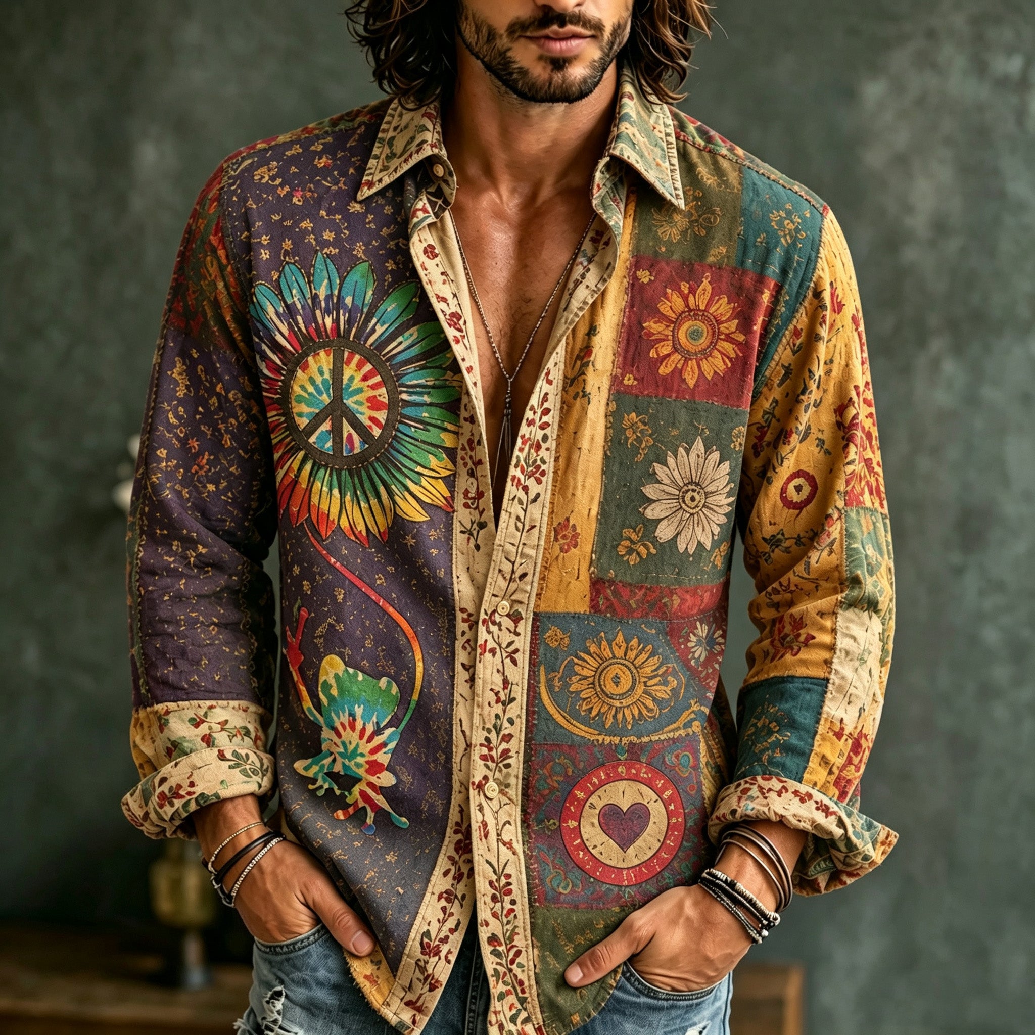 Men's Retro Bohemian Hippie Style Floral Patchwork Print Shirt