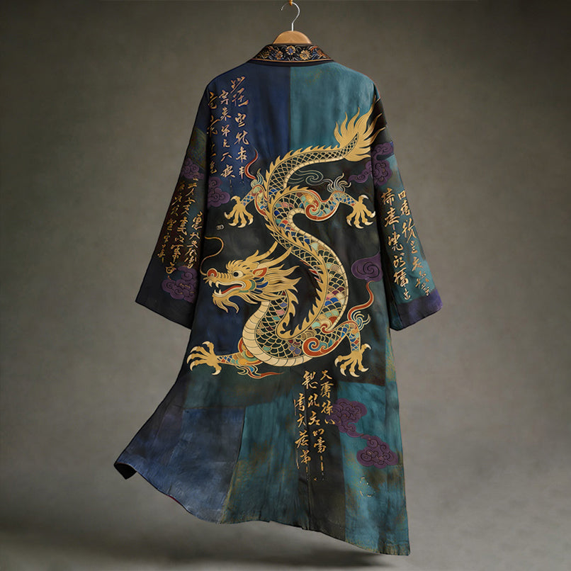 Men's Vintage Japanese Calligraphy Dragon Art Pattern Linen Blend Kimono
