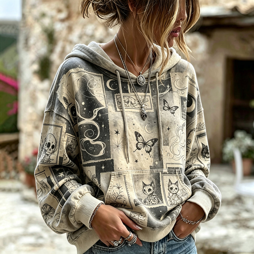 Vintage Distressed Grunge Gothic Collage Print Comic Skeleton Cat Butterfly Moon Hoodie