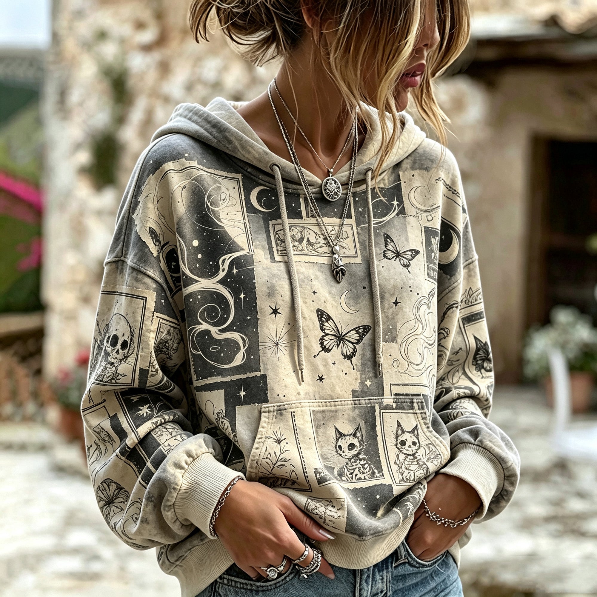 Vintage Distressed Grunge Gothic Collage Print Comic Skeleton Cat Butterfly Moon Hoodie