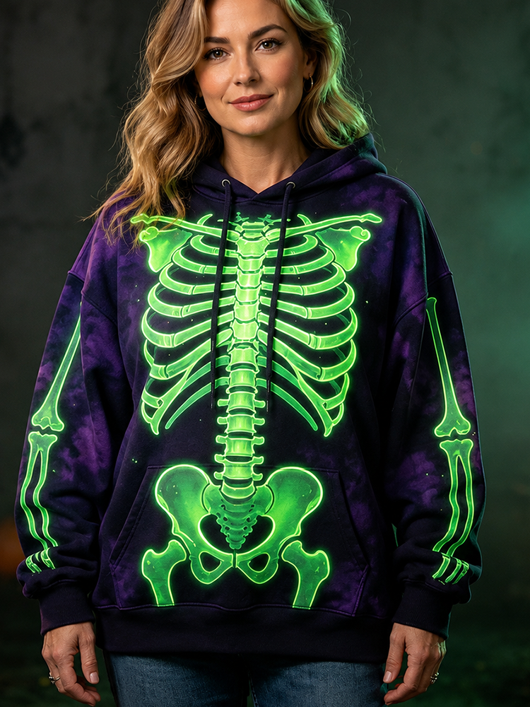 Women's Glow-in-the-dark Skeleton Bone Graphic Print Casual Hoodie Sweatshirt