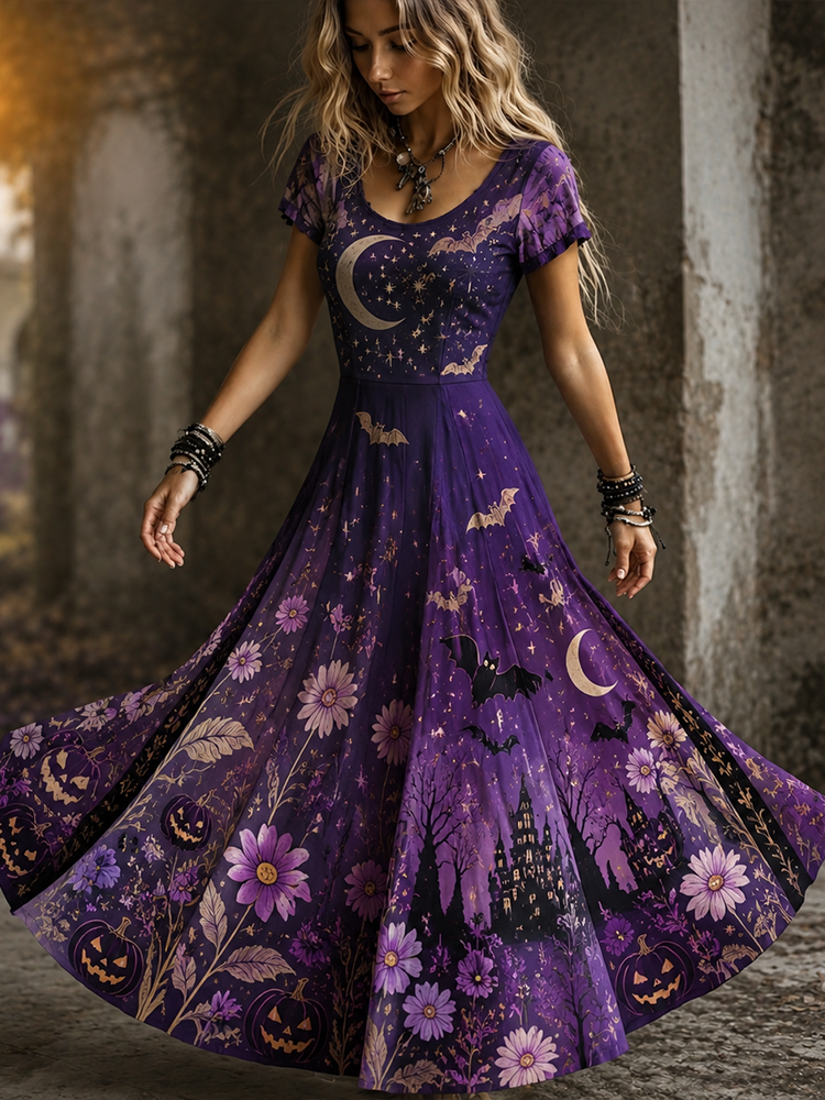 Women's Gothic Purple Floral, Pumpkin, Moon And Haunted House Print Maxi Dress