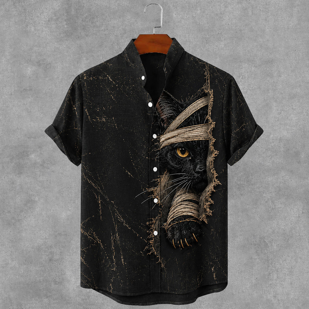 Men's Gothic Bandage Black Cat Art Short Sleeve Linen Shirt