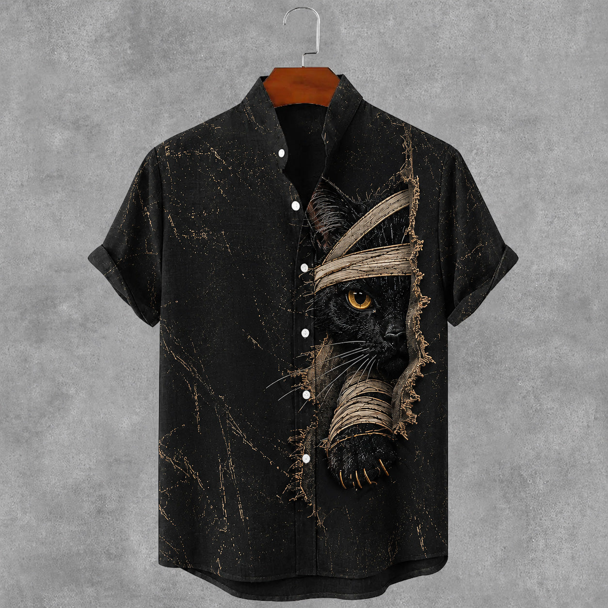 Men's Gothic Bandage Black Cat Art Short Sleeve Linen Shirt
