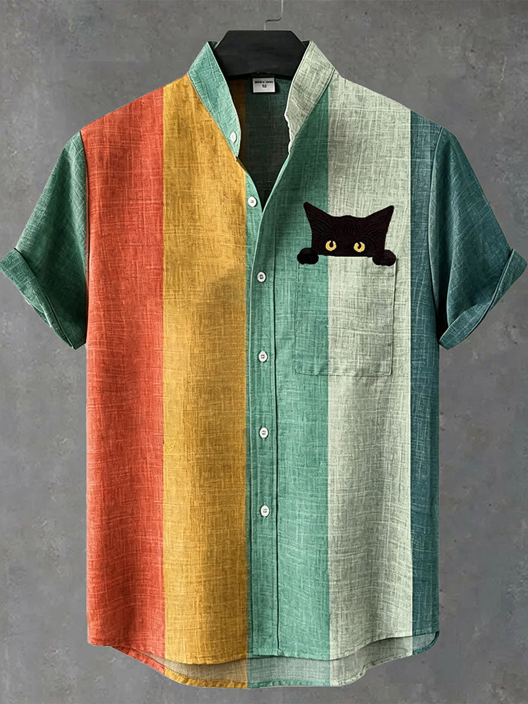 Men's Vintage Peeking Black Cat Contrast Stripes Art Casual Shirt