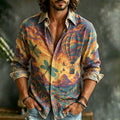 Men's Vintage Hippie Hot Air Balloon Dragonfly Psychedelic Landscape Print Long Sleeve Button Down Shirt