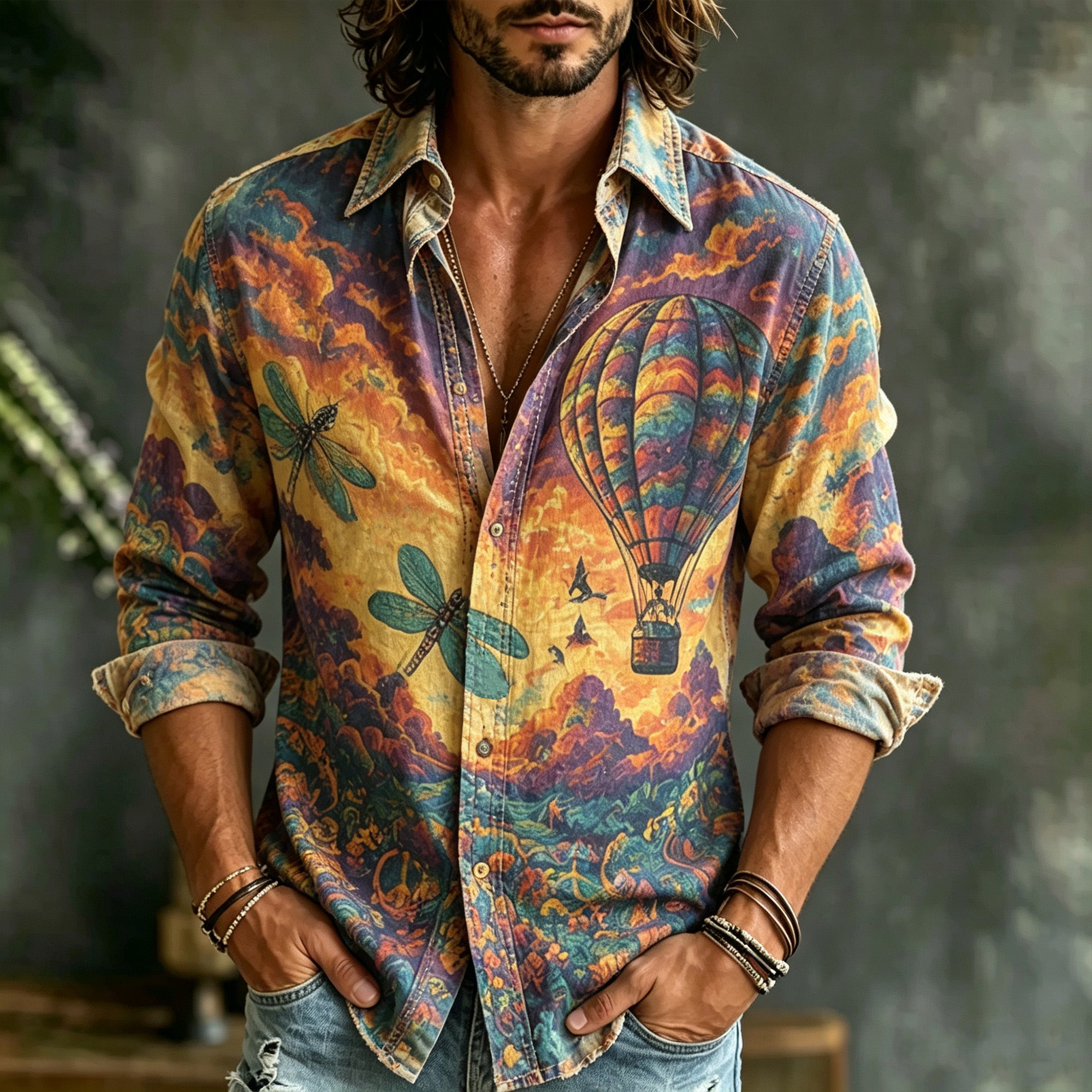 Men's Vintage Hippie Hot Air Balloon Dragonfly Psychedelic Landscape Print Long Sleeve Button Down Shirt