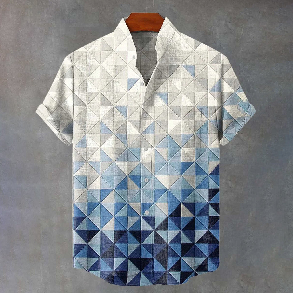 Vintage Blue Gradient Geometric Grid Print Casual Cotton Shirt