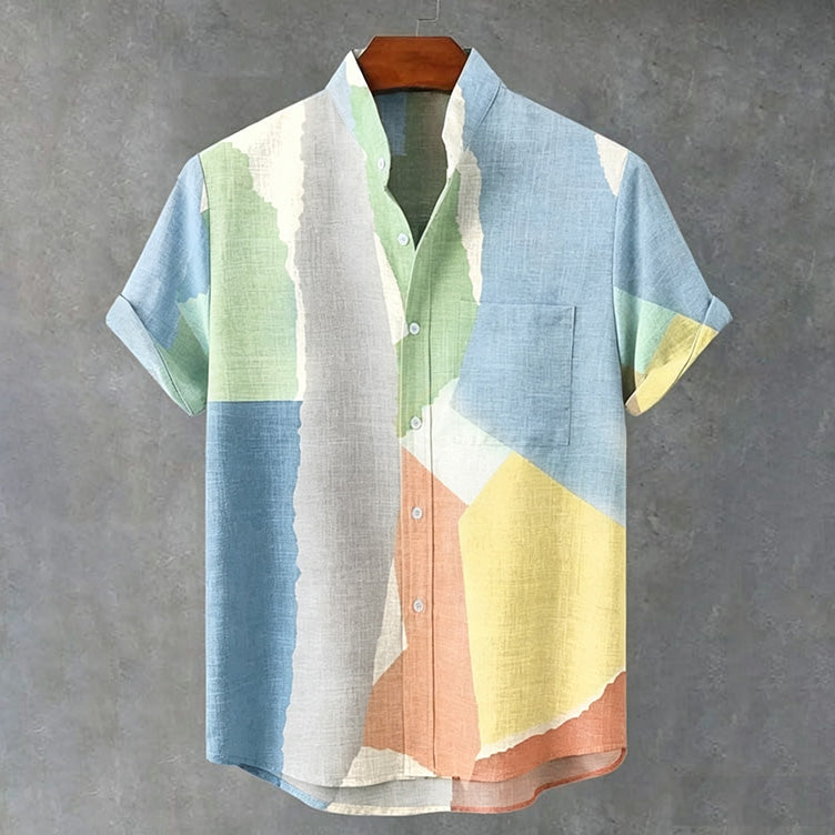 Men's Geometric Color Block Abstract Art Print Linen Blend Short-sleeve Shirt