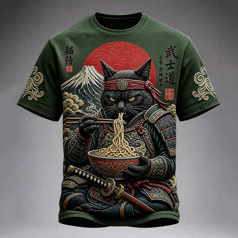 Men's Black Cat Samurai Eats Ramen Print Casual T-shirt