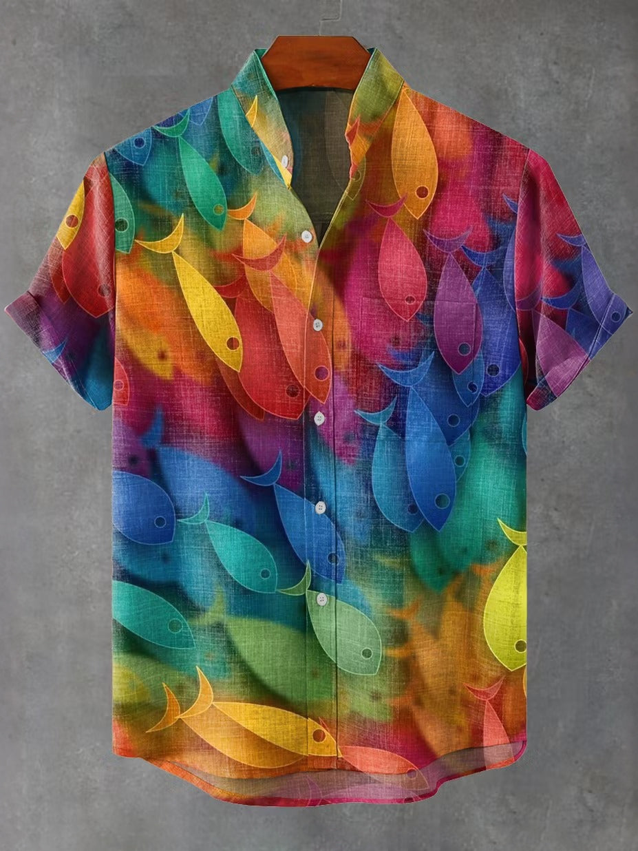 Men's Abstract Colorful School Of Fish Vintage Print Casual Shirt