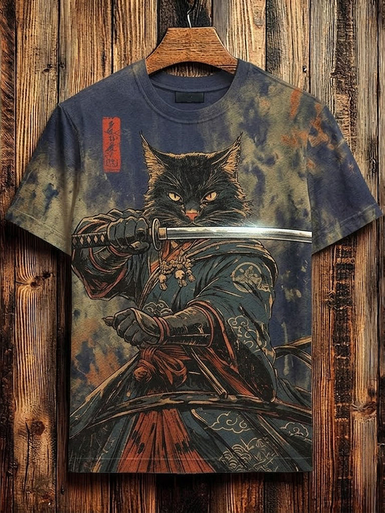 Men's Vintage Japanese Black Cat Samurai Art Print Crew Neck Short Sleeve T-shirt