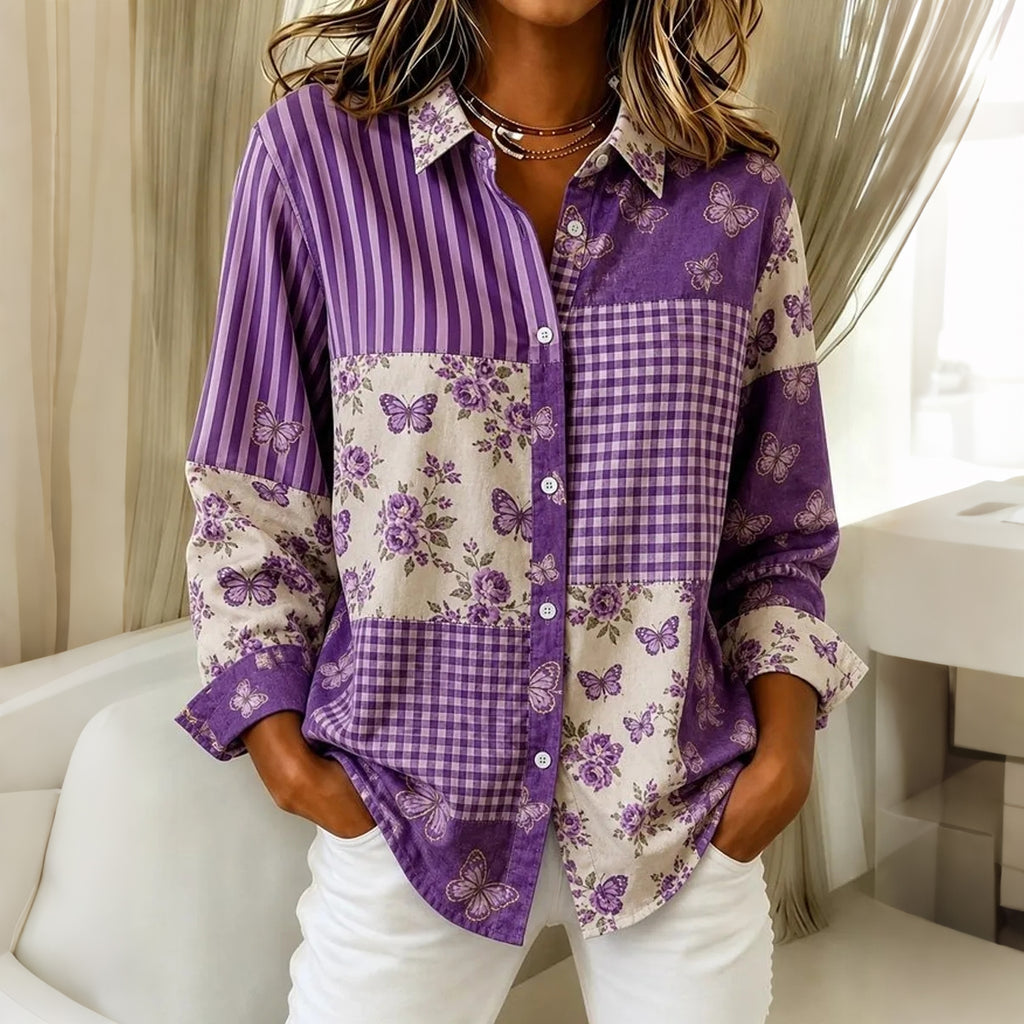 Women's Casual Floral Butterfly Striped Checkered Patchwork Shirt
