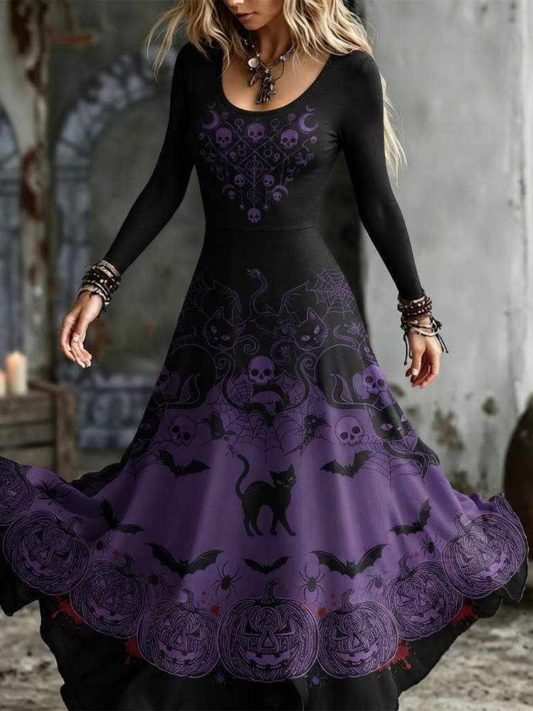 Women's Gothic Purple Gradient Skull, Black Cat And Pumpkin Long Sleeve Maxi Dress