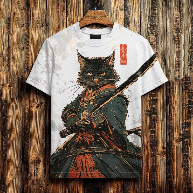 Men's Black Cat Samurai Japanese Art Print Casual T-shirt