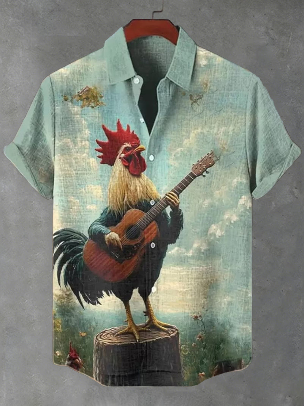 Men's Fun Chicken Playing Guitar Pattern Linen Blend Short-sleeved Shirt