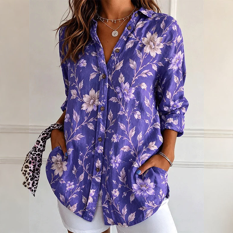 Women's Purple Vintage Floral Print Lapel Pocket Long Sleeve Button Up Shirt