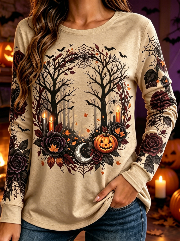 Women's Halloween Spooky Pumpkin And Rose Print Long-sleeve Casual Sweatshirt