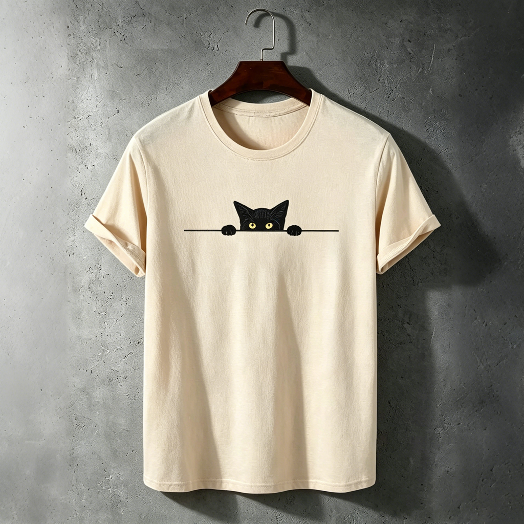 Men's Black Cat Art Print Crew Neck Short Sleeve T-shirt