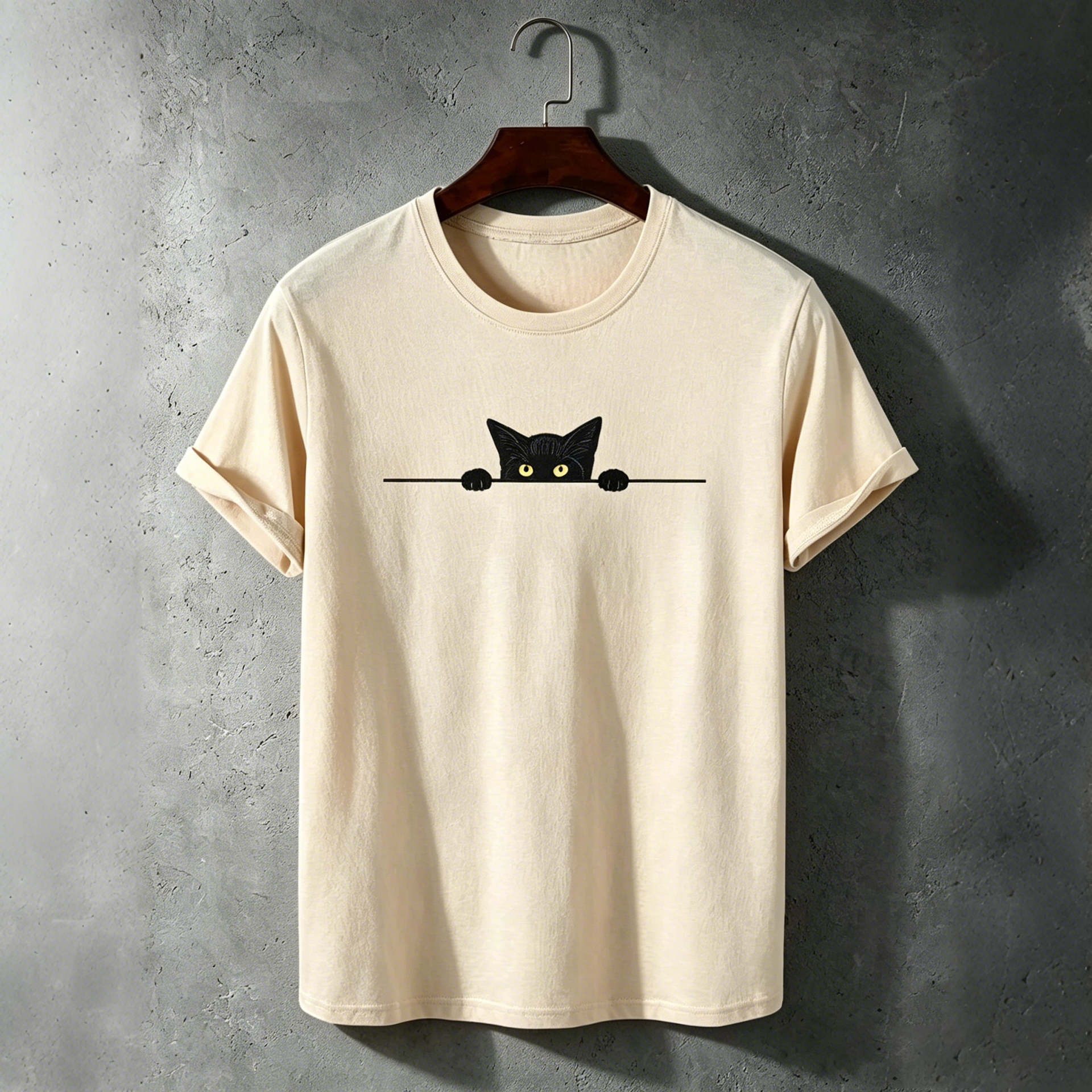 Men's Black Cat Art Print Crew Neck Short Sleeve T-shirt