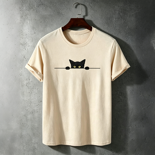 Men's Black Cat Art Print Crew Neck Short Sleeve T-shirt