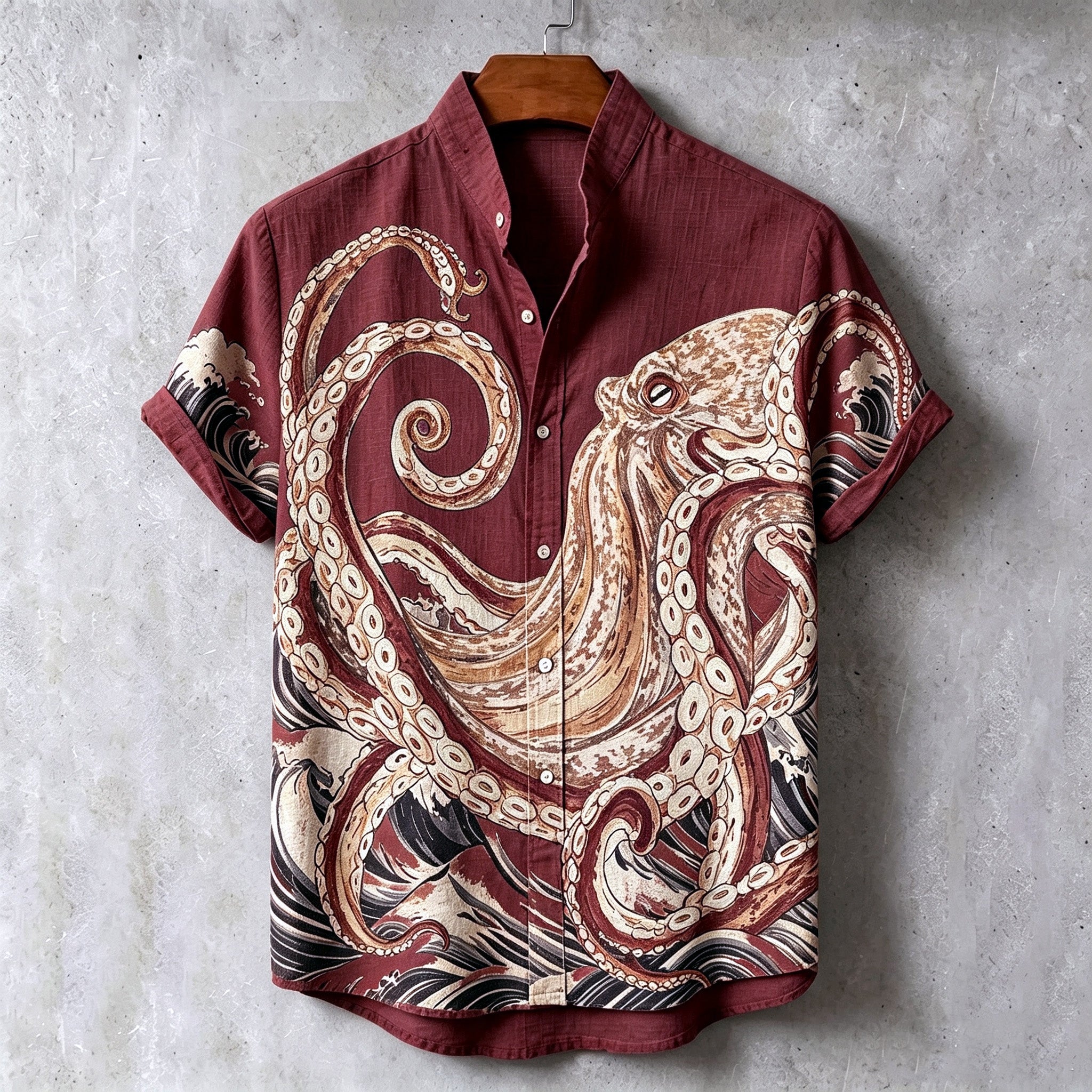 Men's Retro Japanese Art Octopus Print Cotton Linen Short-sleeve Shirt
