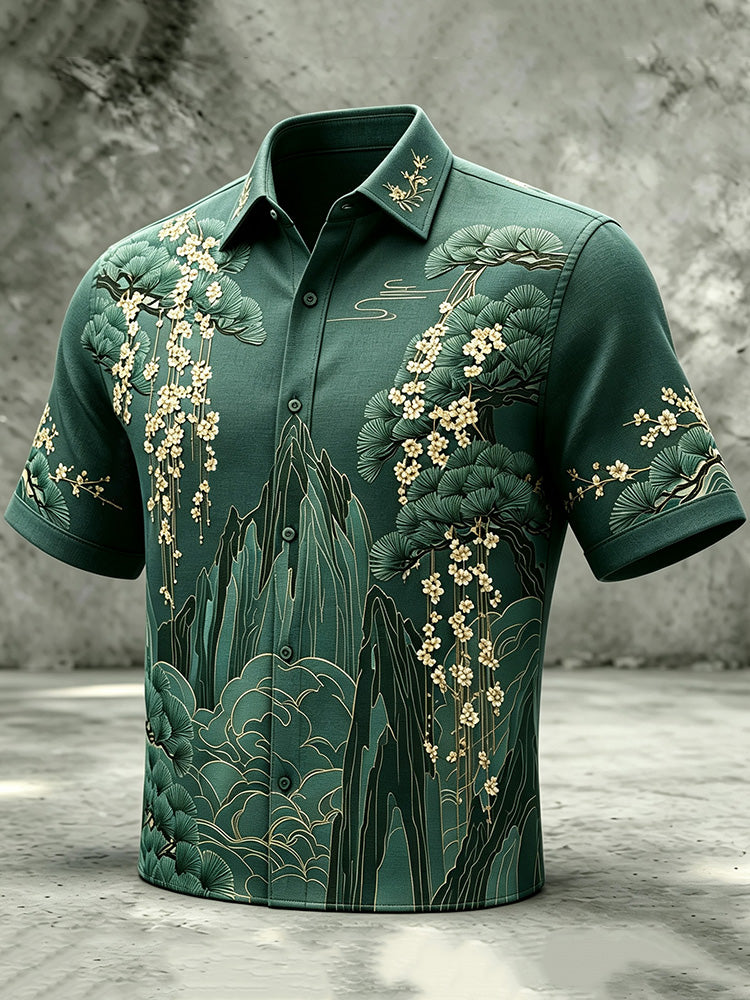 Men's Retro Japanese Landscape Floral Art Print Linen Blend Short-sleeve Shirt