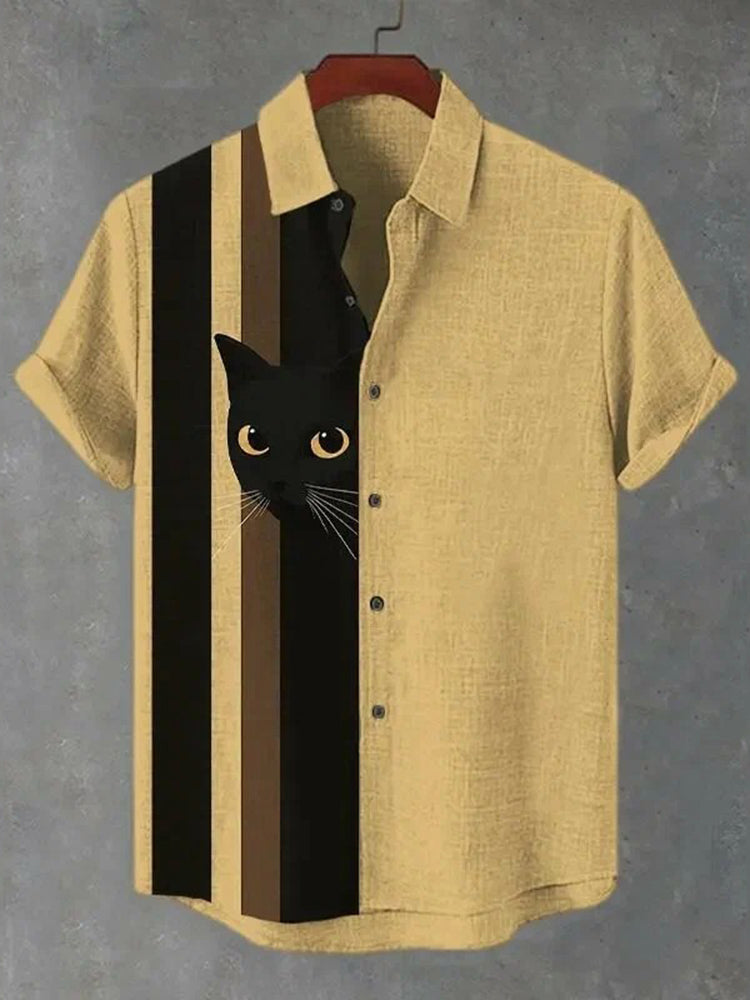 Men's Vintage Black Cat And Stripes Art Short Sleeve Shirt