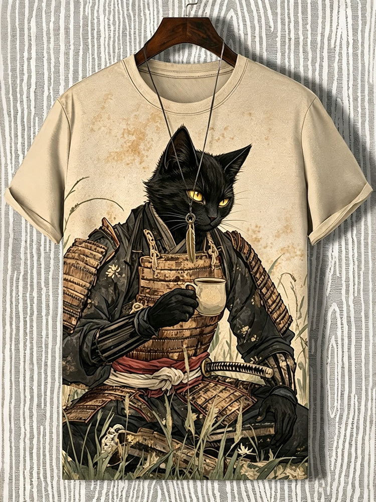 Men's Retro Black Cat Samurai Enjoys Afternoon Tea Japanese Art Short-sleeve Shirt