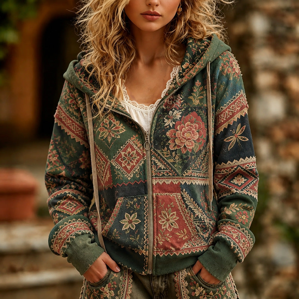 Women's Vintage Traditional Pattern And Floral Art Print Zip-up Hoodie