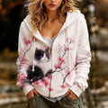 Women's Cute Cat And Floral Pattern Art Casual Zip Up Hoodie