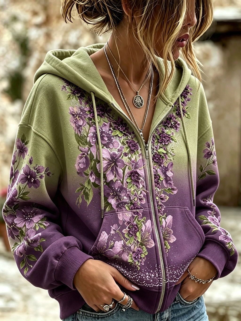 Women's Retro Bohemian Floral Print Sweatshirt Jacket