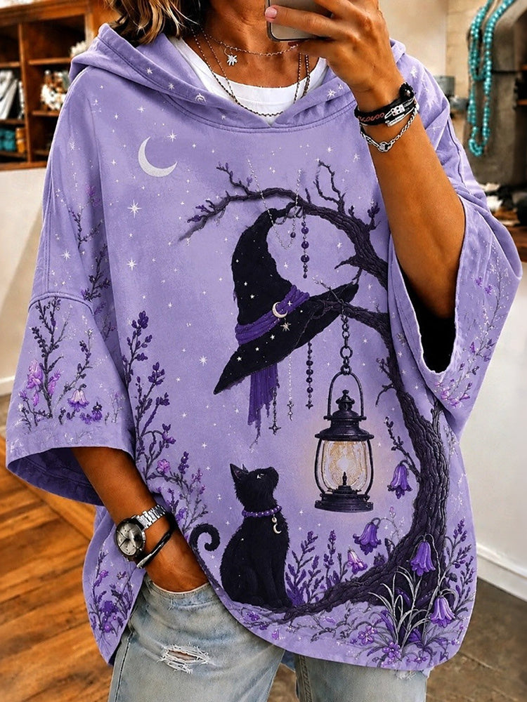 Women's Retro Halloween Cat Witch Hat With Branch Print Loose Top