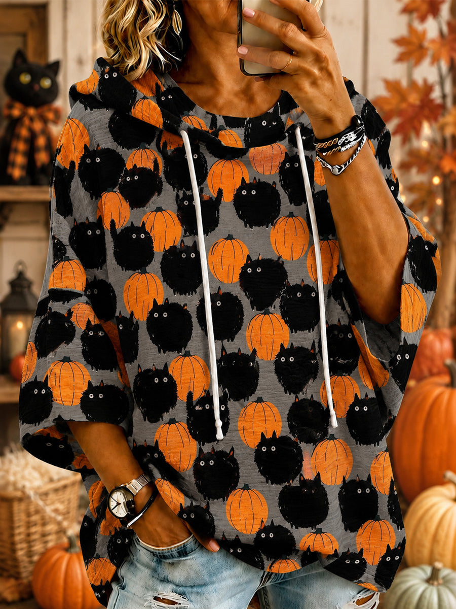 Women's Cute Fall Pumpkin And Black Cats Print Half-sleeve Hoodie
