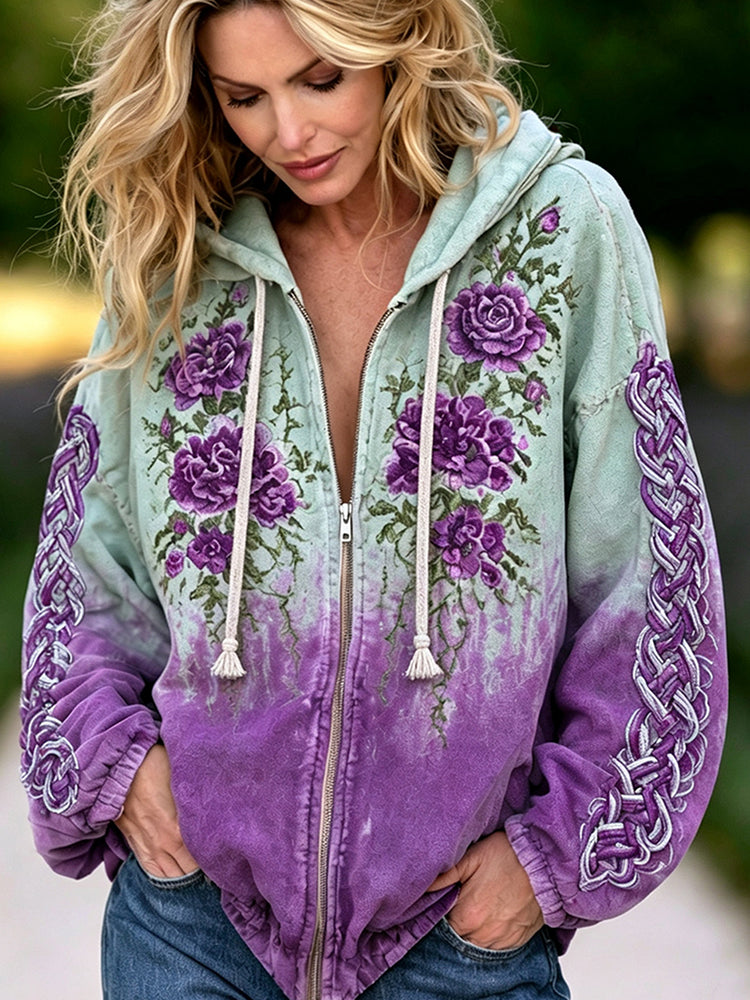 Women's Vintage Purple Rose And Celtic Knot Art Pattern Comfortable Warm Zip-up Hoodie