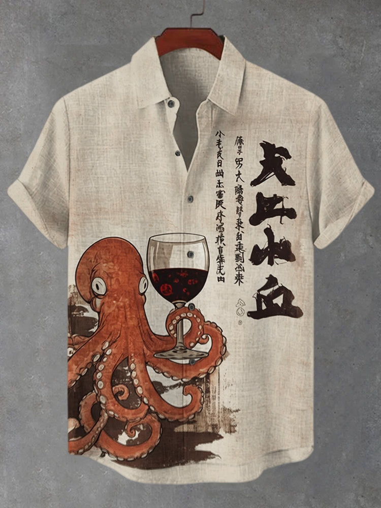 Men's Octopus Holding A Goblet Art Print Casual Shirt