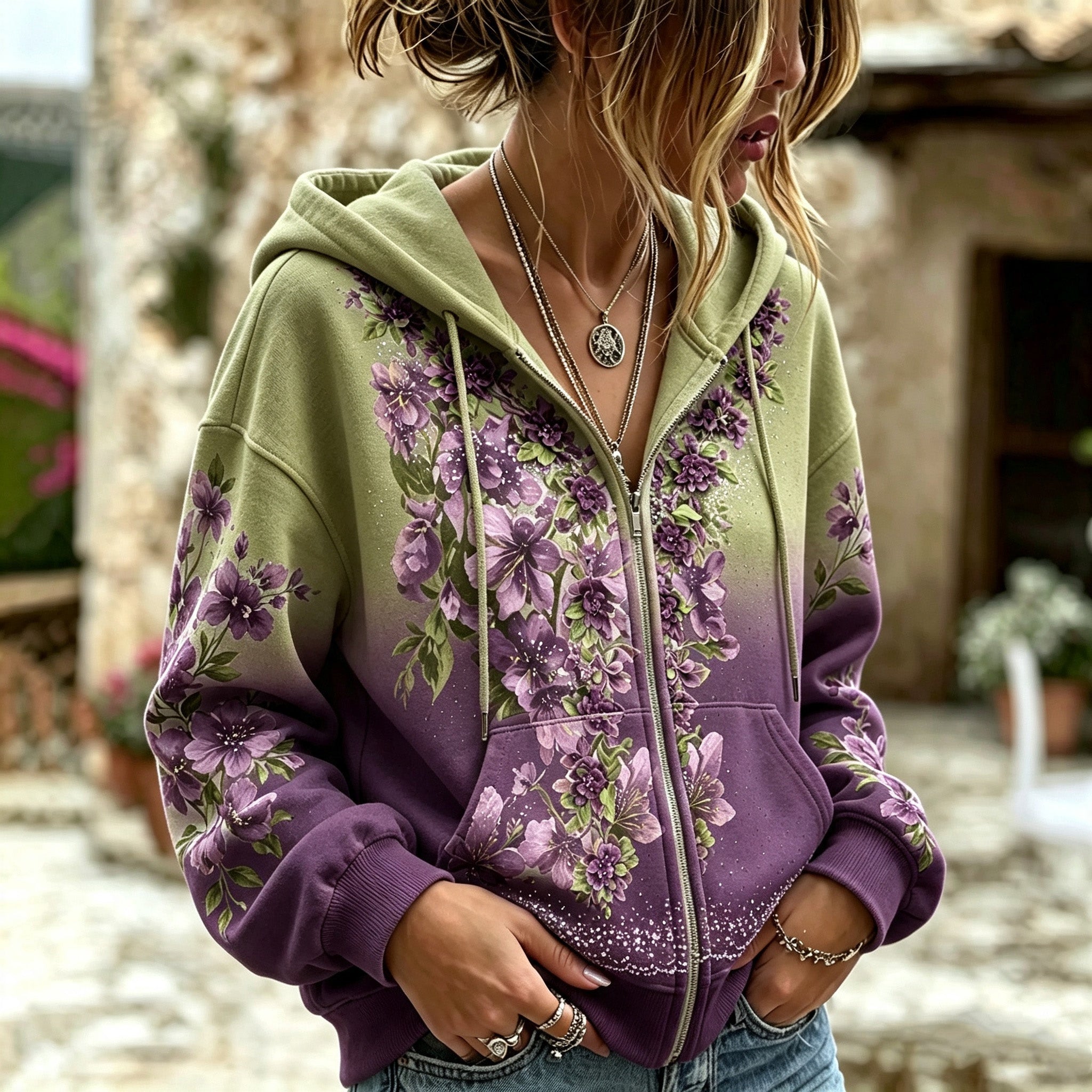 Women's Retro Bohemian Floral Print Sweatshirt Jacket