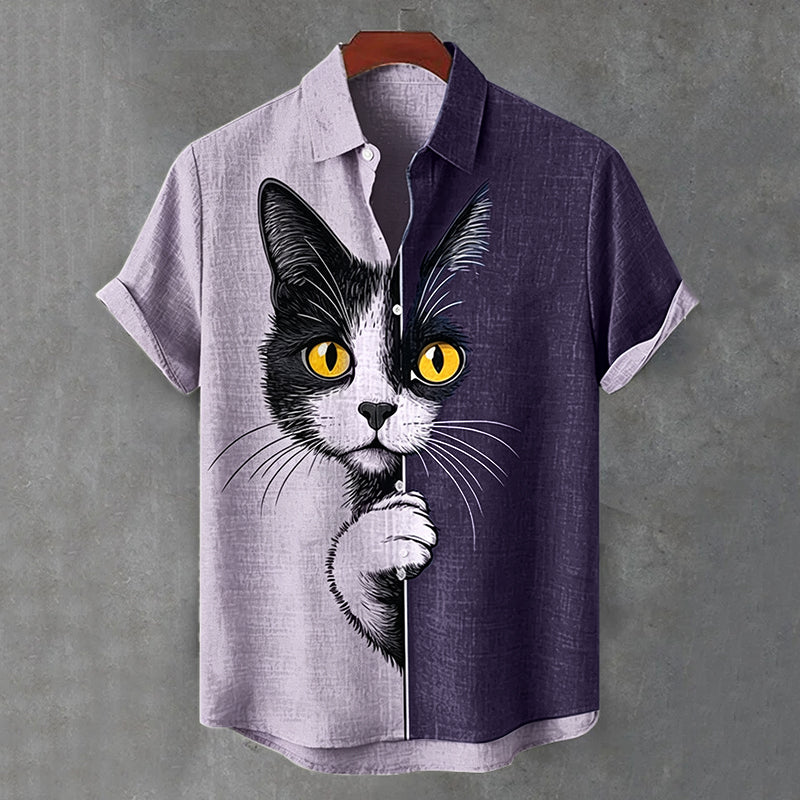 Men's  The Peeping Cat Colorblock Art Casual Short Sleeve Shirts
