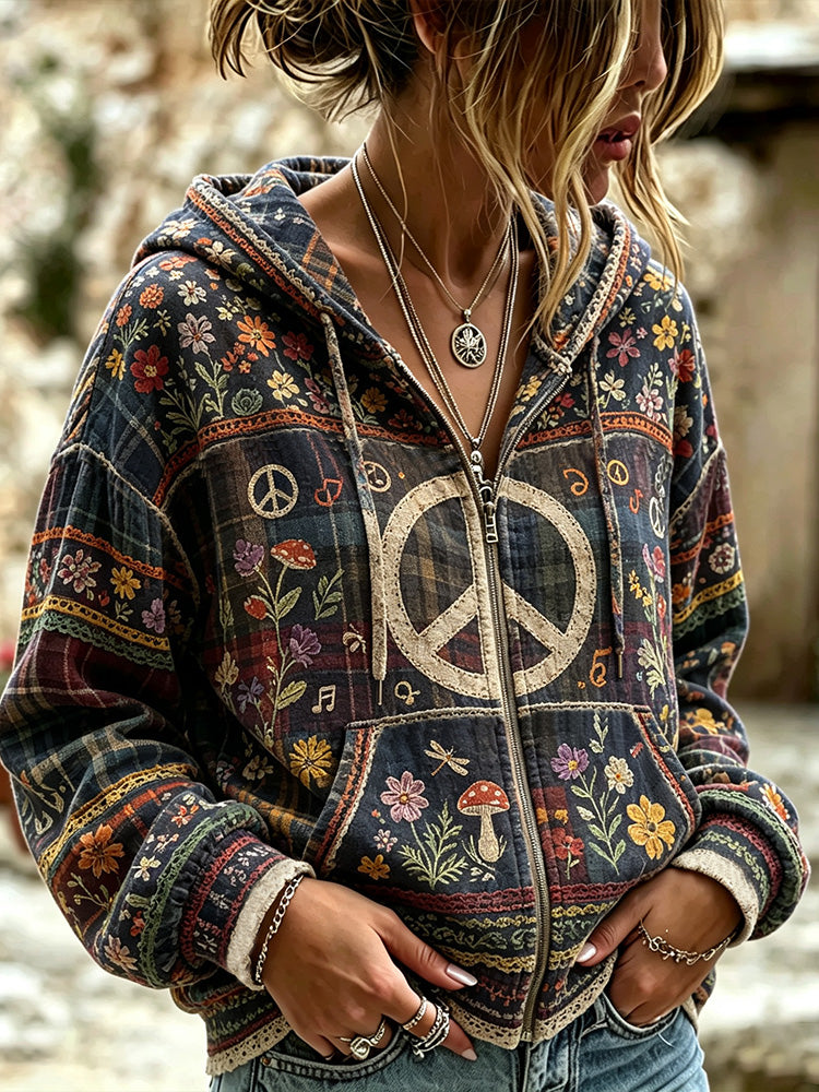 Women's Vintage Floral And Peace Symbol Art Plaid Casual Hoodie
