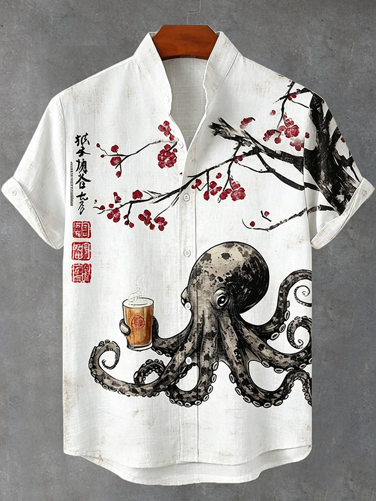 Men's Octopus Drinking Tea Under The Cherry Tree Art Print Casual Shirt