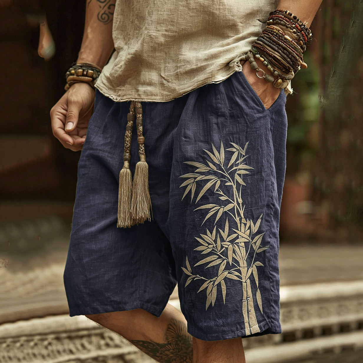 Japanese Bamboo Art Print Linen Blend Casual Shorts