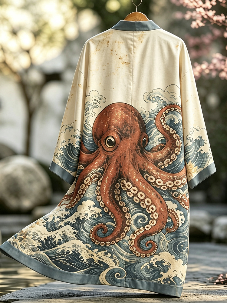 Men's Japanese-style Kimono Cardigan With Giant Octopus And Great Wave Graphic Print