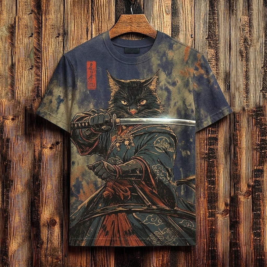 Men's Vintage Japanese Black Cat Samurai Art Print Crew Neck Short Sleeve T-shirt