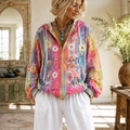 Women's Vertical-stripe Full-zip Hoodie With Daisy And Floral Print And Drawstring