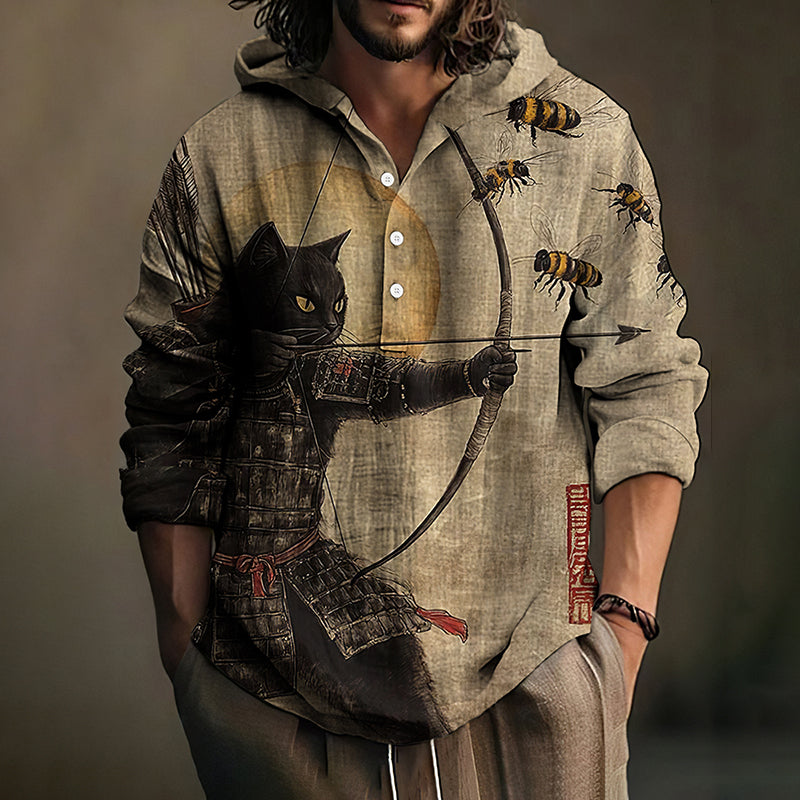 Men's Black Cat Tribal Warrior Japanese Kyudo Hooded Shirt
