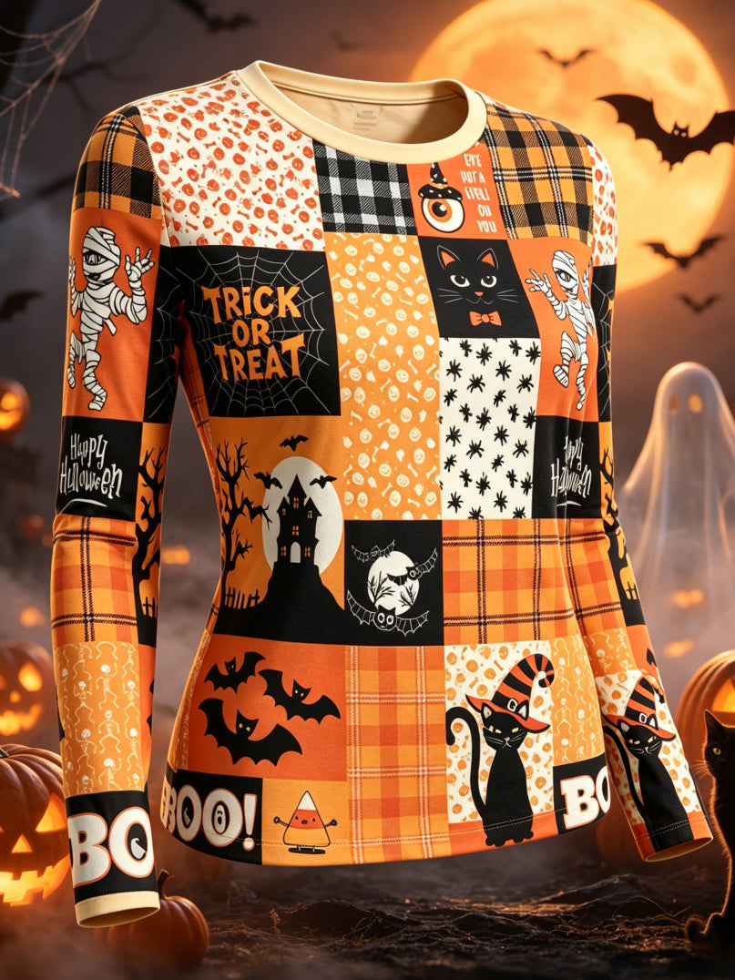 Women's Retro Halloween Theme Cat Plaid Patchwork Print Long-sleeve T-shirt