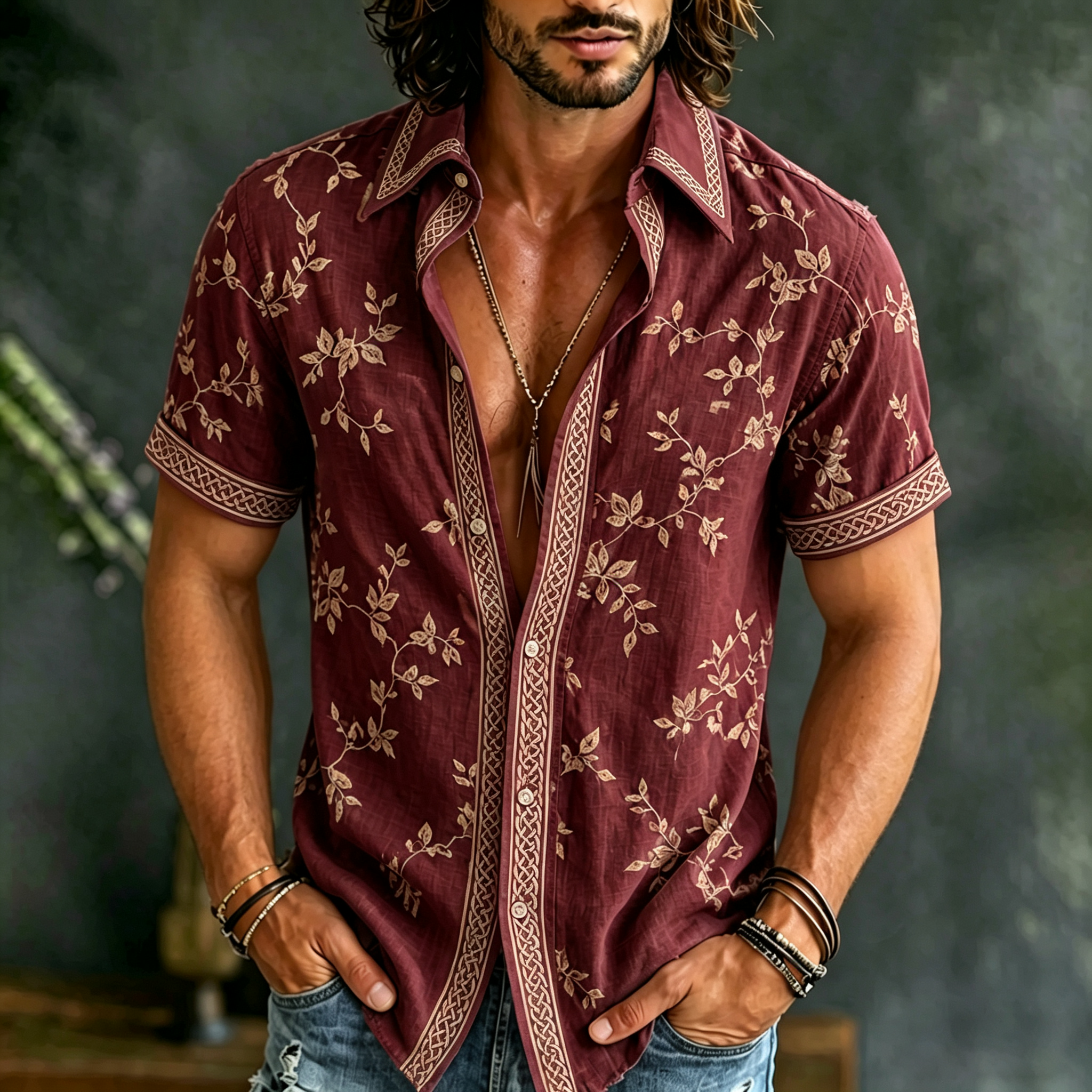 Men's Retro Floral Embroidered Short-sleeve Shirt