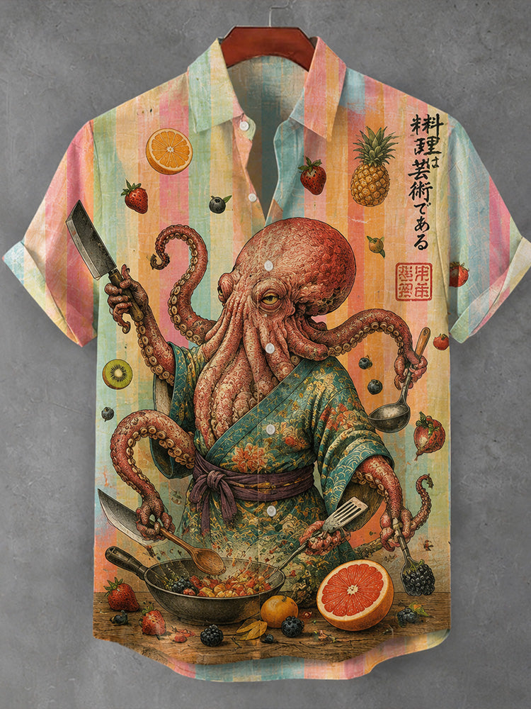 Japanese Retro-style Fruit-cutting Octopus Art Short-sleeved Shirt