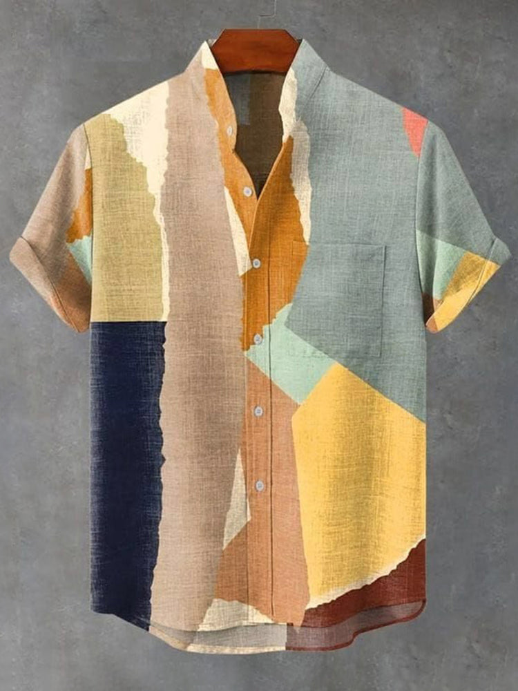 Men's Geometric Color Block Abstract Art Print Linen Blend Short-sleeve Shirt