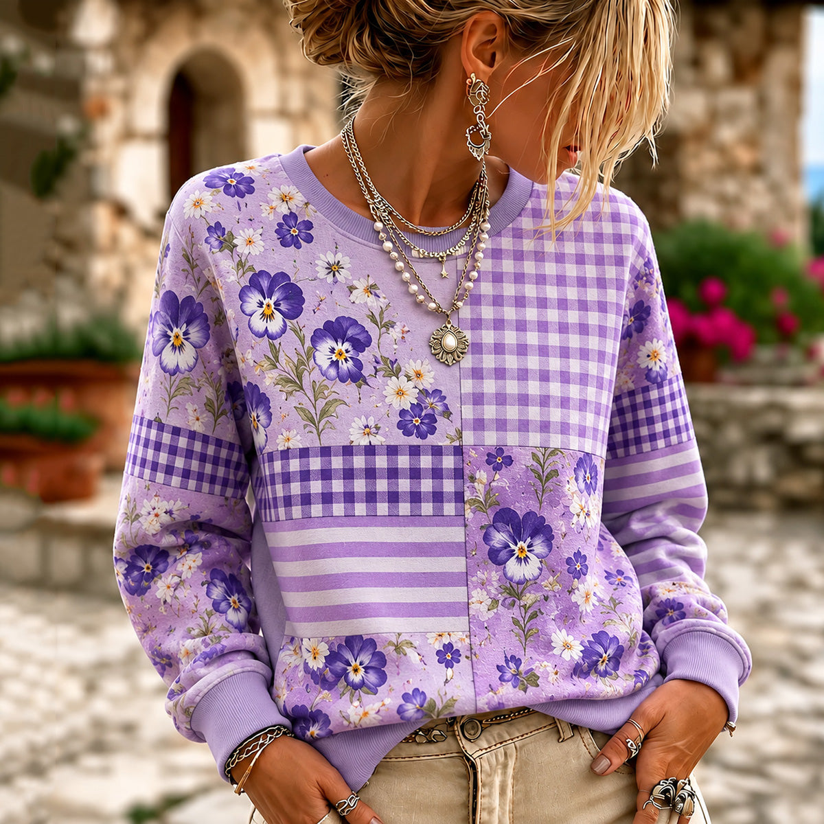 Women's Retro Floral And Plaid Patchwork Art Print Crew Neck Sweatshirt